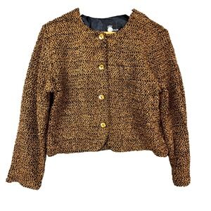 Vintage First Option Boucle Jacket Womens Brown Black Knit Textured Crop Boxy